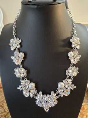 Crystal and Pearl Statement Necklace - Silver Tone